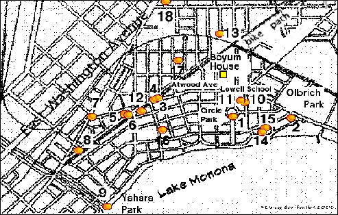 map and list showing locations of the sculptures